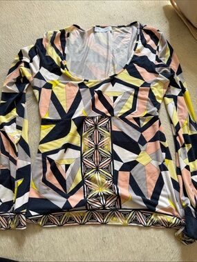 Emilio Pucci Geometric Scoop Neck Long Sleeve Top - Navy, Pink, Yellow, Cream
